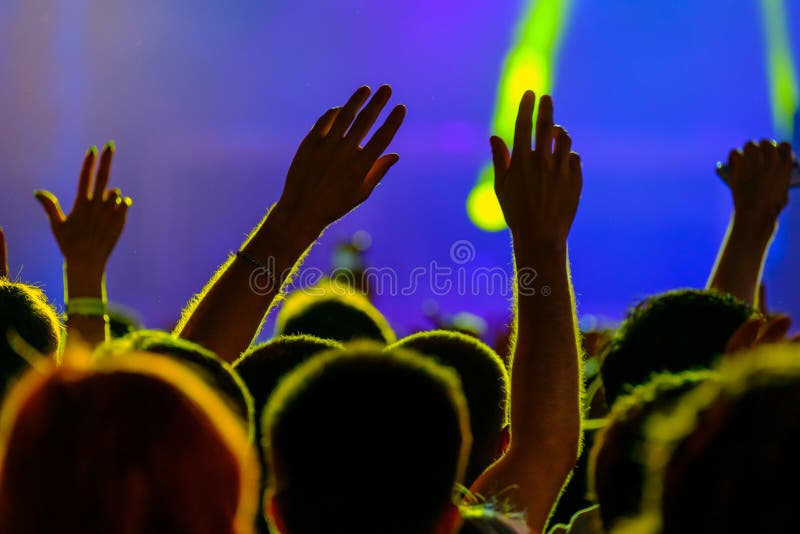 Вентиляторы веселя на под открытым небом концерте в реальном маштабе времени стоковое изображение