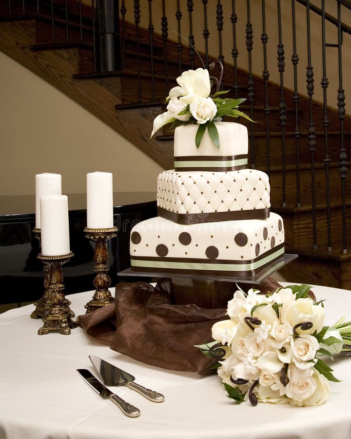 Tiered white rolled fondant wedding cake, layers wrapped with brown and green ribbon decorated with quilted pattern and polka dots and topped with white tulips and roses. Tiered white rolled fondant wedding cake, layers wrapped with brown and green ribbon decorated with quilted pattern and polka dots and topped with white tulips and roses