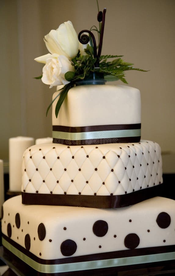 Tiered white rolled fondant wedding cake, layers wrapped with brown and green ribbon decorated with quilted pattern and polka dots and topped with fresh white flowers. Tiered white rolled fondant wedding cake, layers wrapped with brown and green ribbon decorated with quilted pattern and polka dots and topped with fresh white flowers