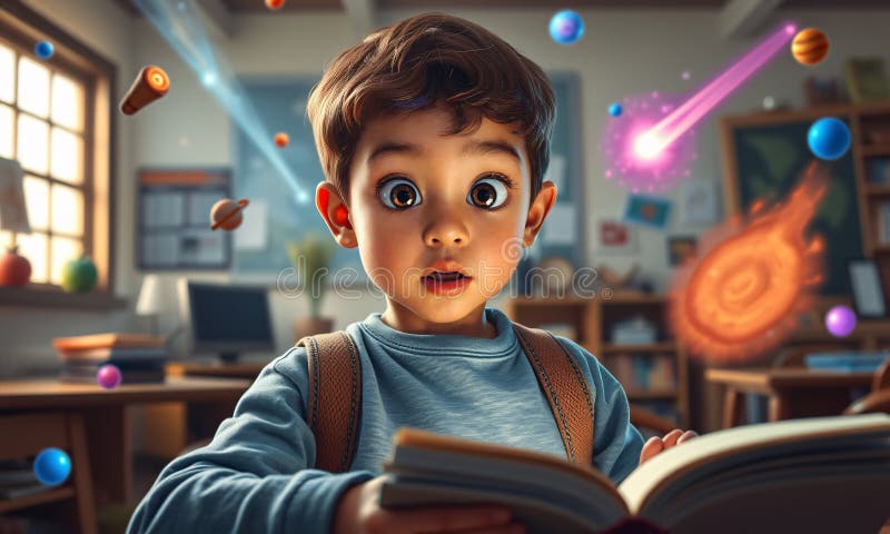 веселый 3d школьник с удивлением на лице наблюдает звездное ночное небо, проецированное на потолок класса бесплатная иллюстрация