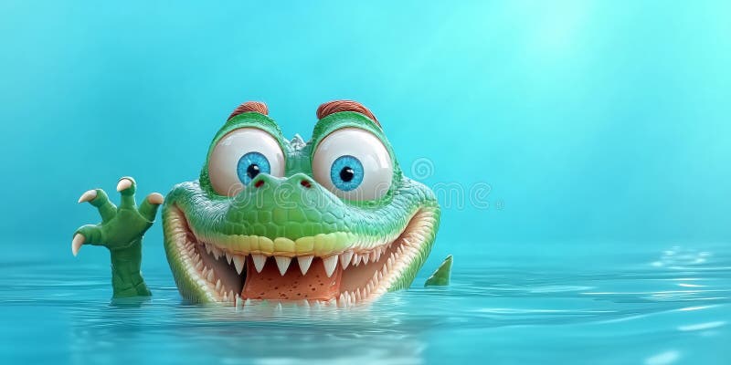 веселый мультяшный крокодил, размахивающий голубой водой иллюстрация штока