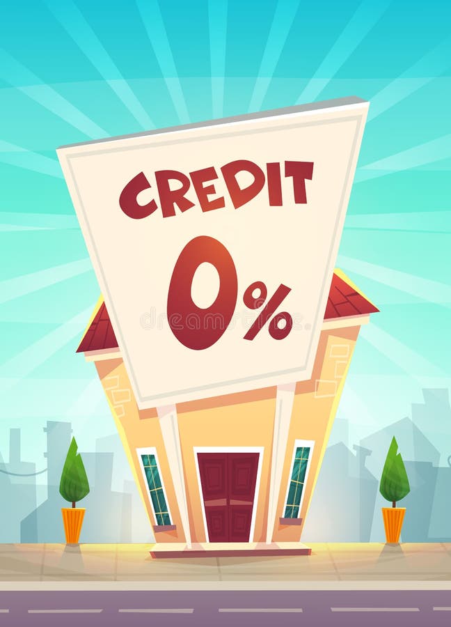ветвь займа банка мультфильма кредита 0% ходя по магазинам выгодная на иллюстрации улицы города, счастливом финансовом деле строг бесплатная иллюстрация