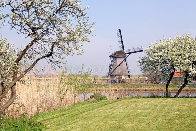 KINDERDIJK, NETHERLANDS - APRIL 1: Windmills at open air musem at Kinderdijk on April 1, 2014 in Kinderdijk. KINDERDIJK, NETHERLANDS - APRIL 1: Windmills at open air musem at Kinderdijk on April 1, 2014 in Kinderdijk