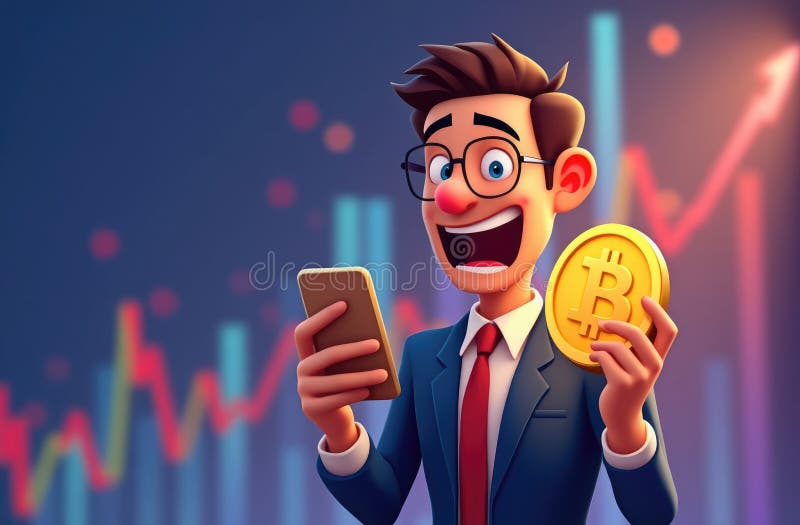 взволнованный бизнесмен проверяет рост биткоина на графике своего телефона в фоновом режиме смешная иллюстрация иллюстрация штока