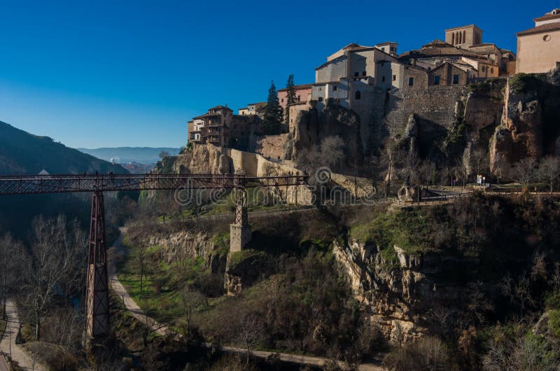 View to hanging houses & x22;casas colgadas& x22; of medieval city Cuenca old town and San Pablo bridge. Cuenca, Spain. View to hanging houses & x22;casas colgadas& x22; of medieval city Cuenca old town and San Pablo bridge. Cuenca, Spain