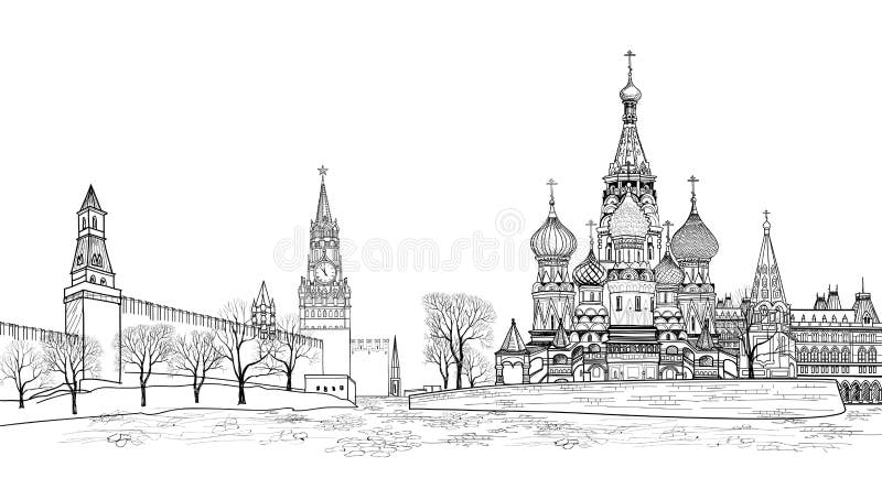 Red square view, Moscow, Russia. Travel Russia illustration. Russian famous place. Kremlin city view from Moscow river. St Basil cathedral, towers and wall citsycape. Red square view, Moscow, Russia. Travel Russia illustration. Russian famous place. Kremlin city view from Moscow river. St Basil cathedral, towers and wall citsycape