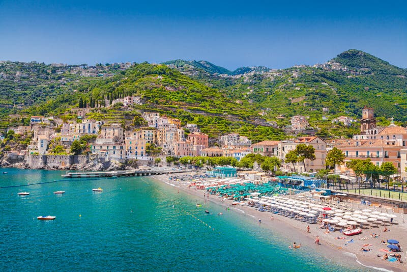 Scenic picture-postcard view of the beautiful town of Minori at famous Amalfi Coast with Gulf of Salerno, Campania, Italy. Scenic picture-postcard view of the beautiful town of Minori at famous Amalfi Coast with Gulf of Salerno, Campania, Italy.