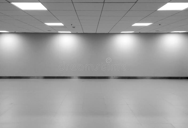 Взгляд перспективы комнаты офиса пустого космоса классической Monotone черной белой с тенью ламп и светов света СИД потолка строк Взгляд перспективы комнаты офиса пустого космоса классической Monotone черной белой с тенью ламп и светов света СИД потолка строк