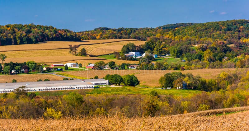 взгляд Раньше-осени полей фермы и Rolling Hills в сельском Йорке стоковая фотография