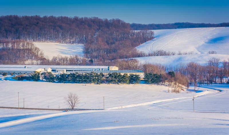 Взгляд снега покрыл поля Rolling Hills и фермы в сельском Йорке стоковое изображение rf