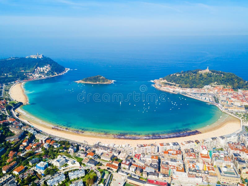 Santa Clara Island and San Sebastian Donostia city aerial panoramic view, Basque country in Spain. Santa Clara Island and San Sebastian Donostia city aerial panoramic view, Basque country in Spain