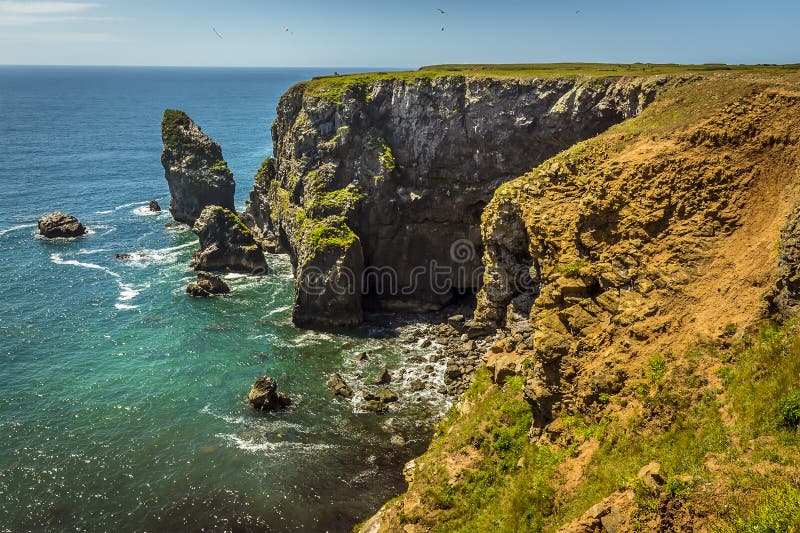 Взгляд вдоль скалистой линии побережья побережья Pembrokeshire, Уэльса стоковая фотография Взгляд вдоль скалистой линии побережья побережья Pembrokeshire, Уэльса стоковая фотография