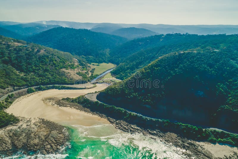 Aerial view of forested hills and ocean coastline near Lorne, Victoria, Australia. Aerial view of forested hills and ocean coastline near Lorne, Victoria, Australia