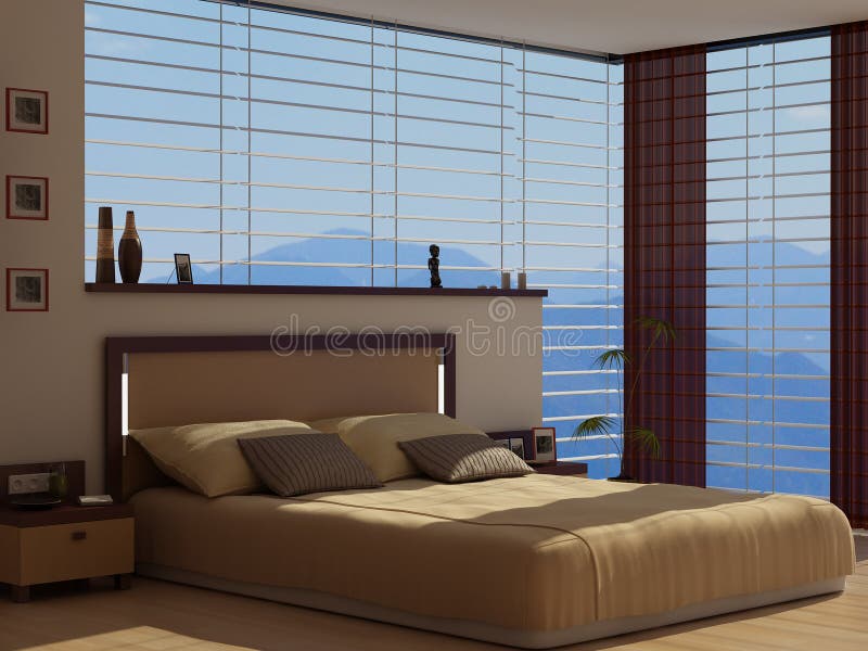 A contemporary bedroom with a view to a nearby mountain. A contemporary bedroom with a view to a nearby mountain.