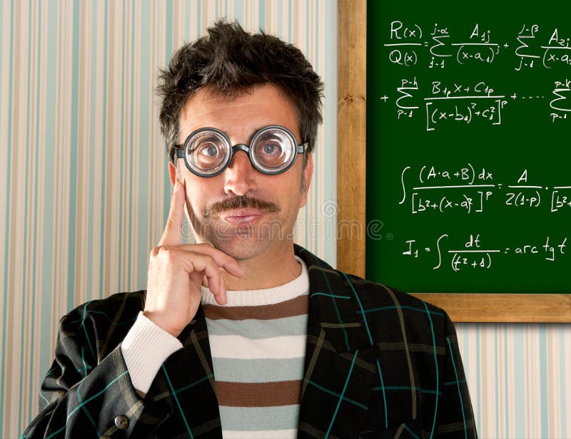 Genius nerd glasses silly man board math formula pensive gesture thinking expression. Genius nerd glasses silly man board math formula pensive gesture thinking expression