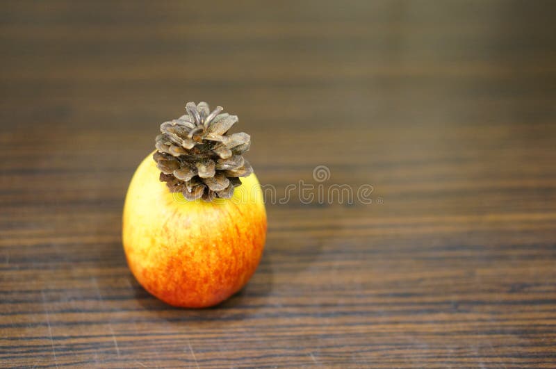Взорвать застрелил pinecone на apple на деревянной поверхности стоковое фото