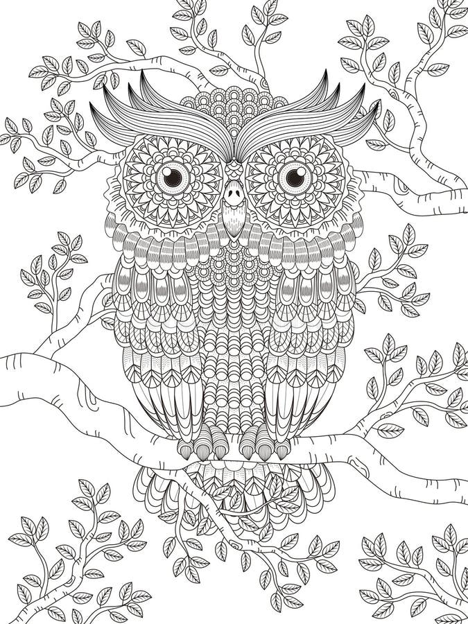Adult coloring page with gorgeous owl in the tree. Adult coloring page with gorgeous owl in the tree