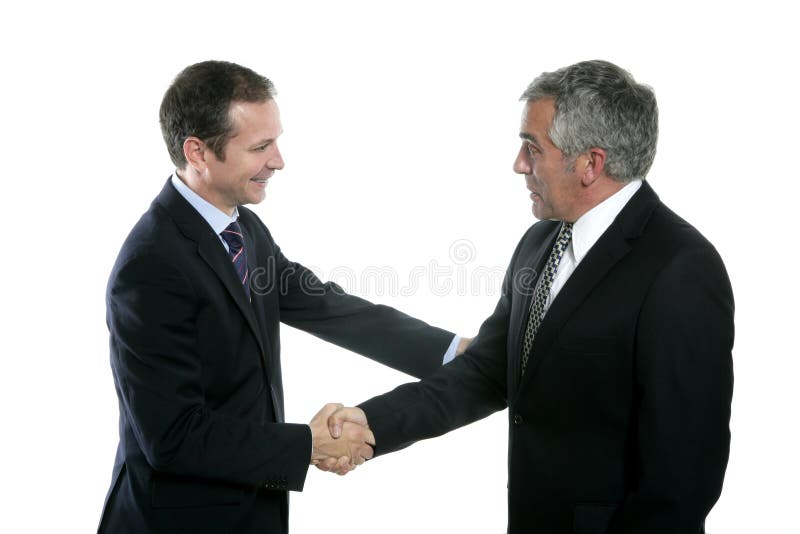 Adult businessman handshake expertise portrait dark suit white background. Adult businessman handshake expertise portrait dark suit white background