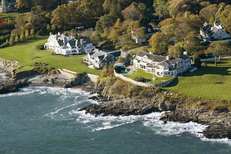 Aerial view of ocean-front estates on coastline of Maine. Aerial view of ocean-front estates on coastline of Maine