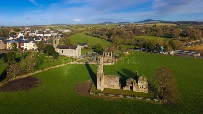 Aerial view. St Mary`s Abbey and St. Edan’s Cathedral. Ferns. co Wexford. Ireland. Aerial view. St Mary`s Abbey and St. Edan’s Cathedral. Ferns. co Wexford. Ireland