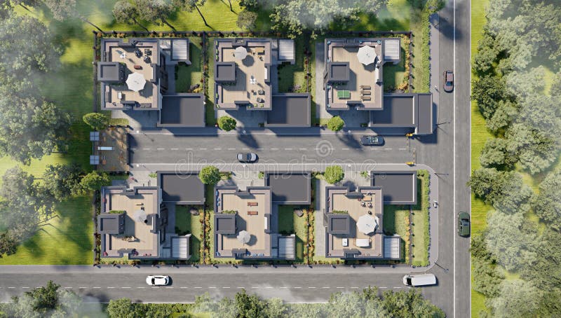 Вид с воздуха охраняемой резиденции village townhouse 3d представить в туманном утром иллюстрация вектора