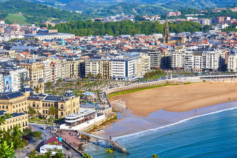 San Sebastian, Spain - May 10, 2018. Aerial view of the Concha Beach and Cathedral of the Buen Pastor (Good Shepherd) in background from Monte Urgull at sunny day. Donostia, Basque Country, Guipuzcoa. San Sebastian, Spain - May 10, 2018. Aerial view of the Concha Beach and Cathedral of the Buen Pastor (Good Shepherd) in background from Monte Urgull at sunny day. Donostia, Basque Country, Guipuzcoa.