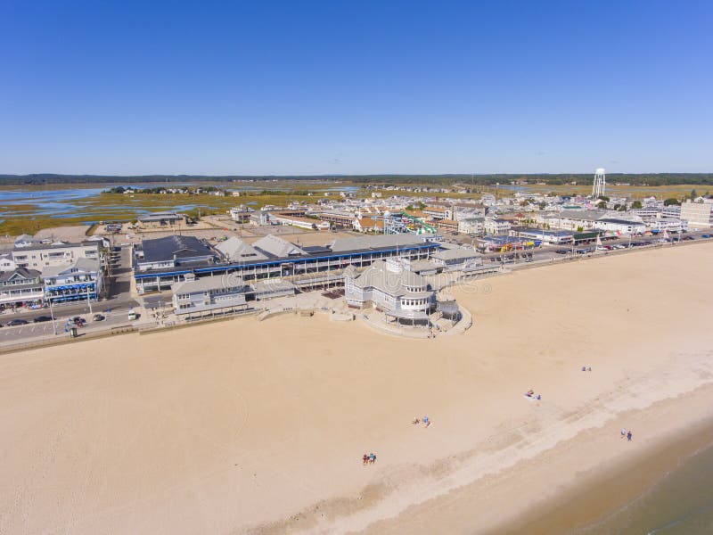 Hampton Beach aerial view including historic waterfront buildings on Ocean Boulevard and Hampton Beach State Park, Town of Hampton, New Hampshire NH, USA. Hampton Beach aerial view including historic waterfront buildings on Ocean Boulevard and Hampton Beach State Park, Town of Hampton, New Hampshire NH, USA.