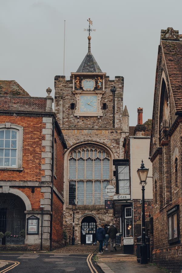 Rye, UK - October 10, 2020: View of St. Mary`s Episcopal Church from Lion Street in Rye, one of the best-preserved medieval towns in East Sussex, England. Rye, UK - October 10, 2020: View of St. Mary`s Episcopal Church from Lion Street in Rye, one of the best-preserved medieval towns in East Sussex, England