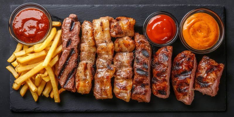 Вид сверху на восхитительную тарелку жареного мяса с картофелем фри и соусами в загородной обстановке стоковые фотографии rf