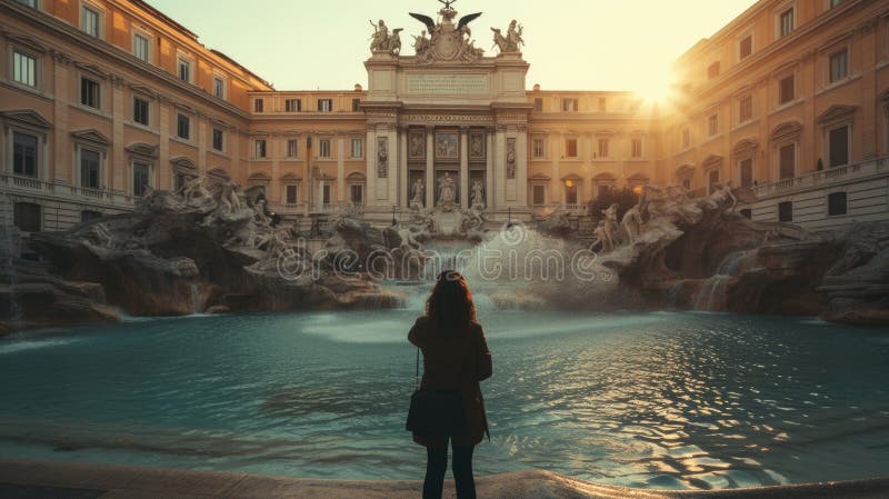 Back view of young cute woman looking at beautiful elegant tourist attraction with waterfall. Attractive tourist standing in front of elegant palace or architectural building and modern AI generated. Back view of young cute woman looking at beautiful elegant tourist attraction with waterfall. Attractive tourist standing in front of elegant palace or architectural building and modern AI generated
