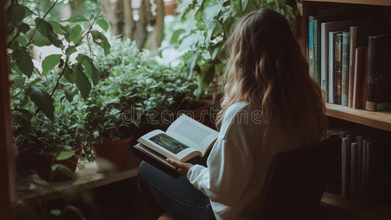 Вид сзади на женщину, читающую дома книгу бесплатная иллюстрация