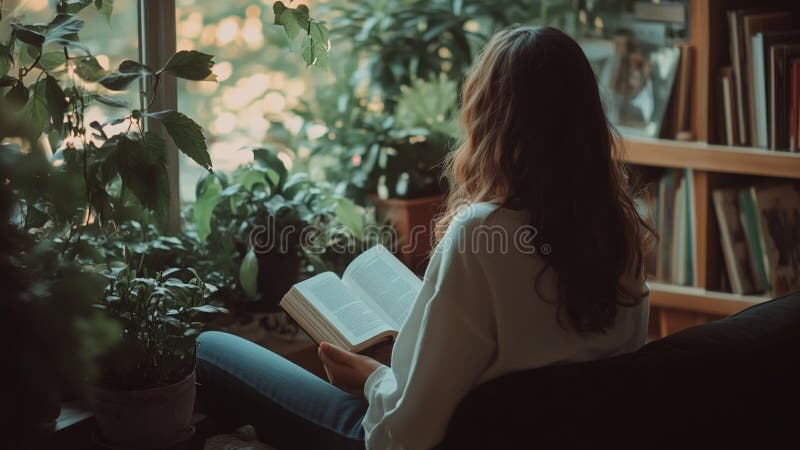 Вид сзади на женщину, читающую дома книгу иллюстрация вектора