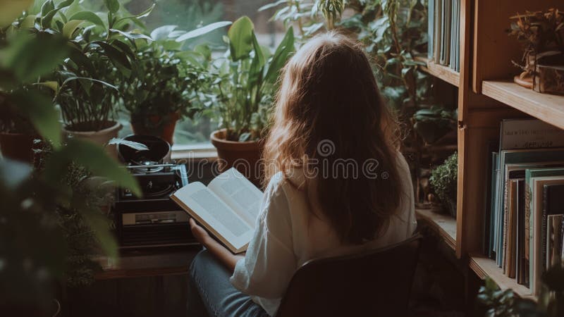 Вид сзади на женщину, читающую дома книгу бесплатная иллюстрация
