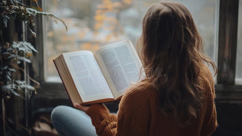 Вид сзади на женщину, читающую книгу в домашнем окне иллюстрация вектора