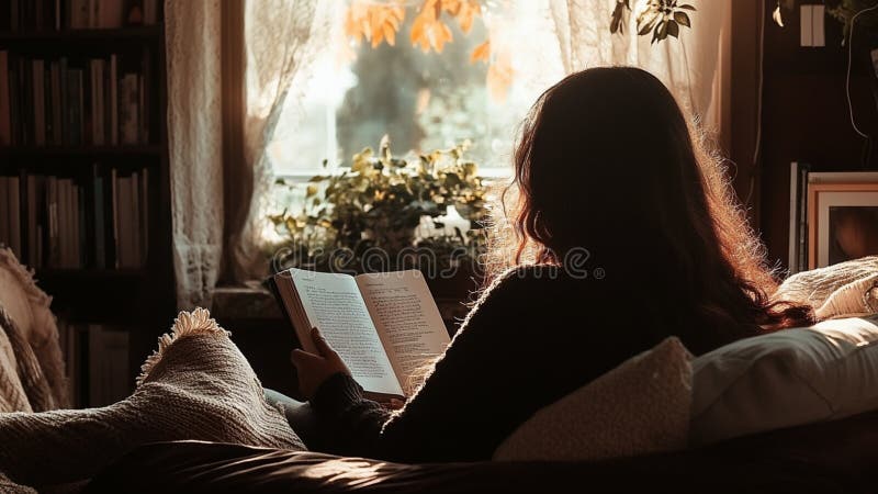 Вид сзади на женщину, читающую книгу в своей гостиной бесплатная иллюстрация
