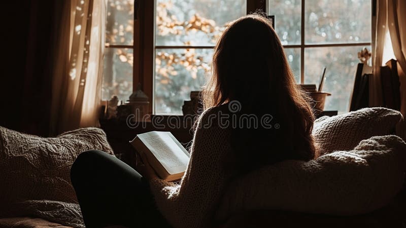 Вид сзади на женщину, читающую книгу в своей гостиной иллюстрация штока