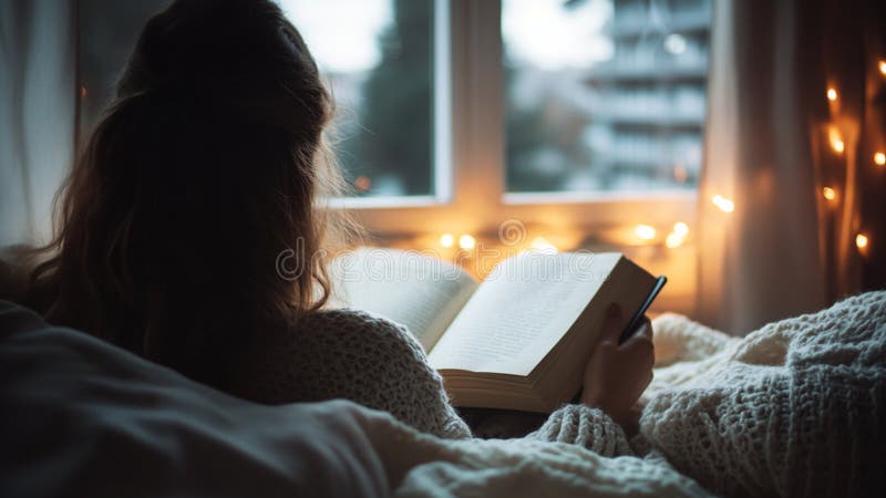 Вид сзади на женщину, читающую книгу в своей спальне бесплатная иллюстрация