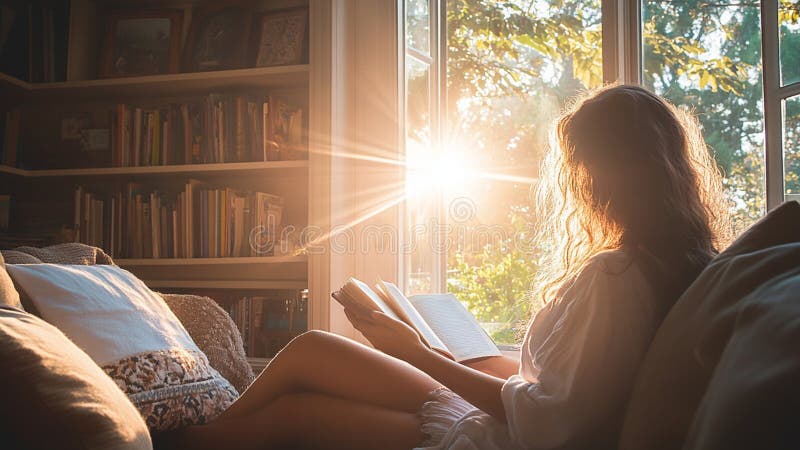 Вид сзади на женщину, читающую книгу в своей спальне бесплатная иллюстрация
