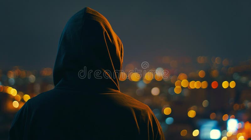 back view of hacker in sport suit standing on roof top above night megapolis city, anonymous faceless man in a hood. AI generated. back view of hacker in sport suit standing on roof top above night megapolis city, anonymous faceless man in a hood. AI generated