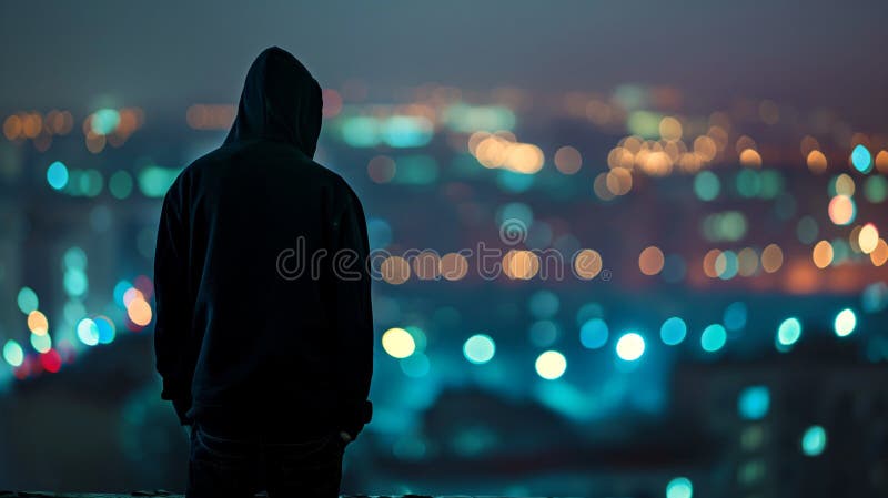 back view of hacker in sport suit standing on roof top above night megapolis city, anonymous faceless man in a hood. AI generated. back view of hacker in sport suit standing on roof top above night megapolis city, anonymous faceless man in a hood. AI generated