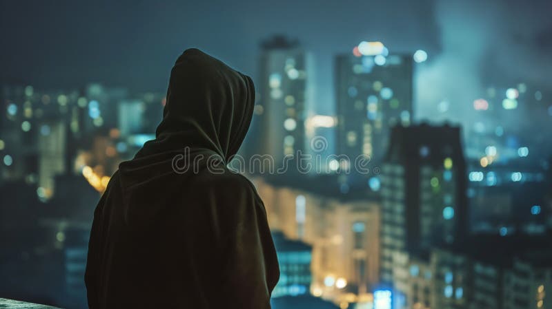 back view of hacker in sport suit standing on roof top above night megapolis city, anonymous faceless man in a hood. AI generated. back view of hacker in sport suit standing on roof top above night megapolis city, anonymous faceless man in a hood. AI generated