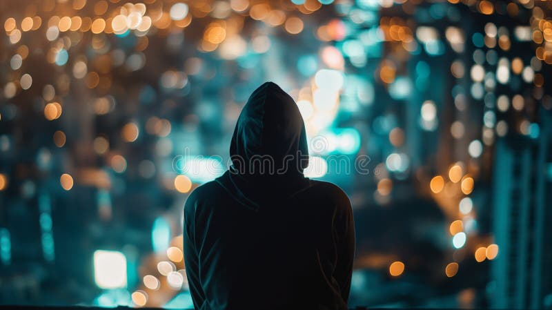 back view of hacker in sport suit standing on roof top above night megapolis city, anonymous faceless man in a hood. AI generated. back view of hacker in sport suit standing on roof top above night megapolis city, anonymous faceless man in a hood. AI generated