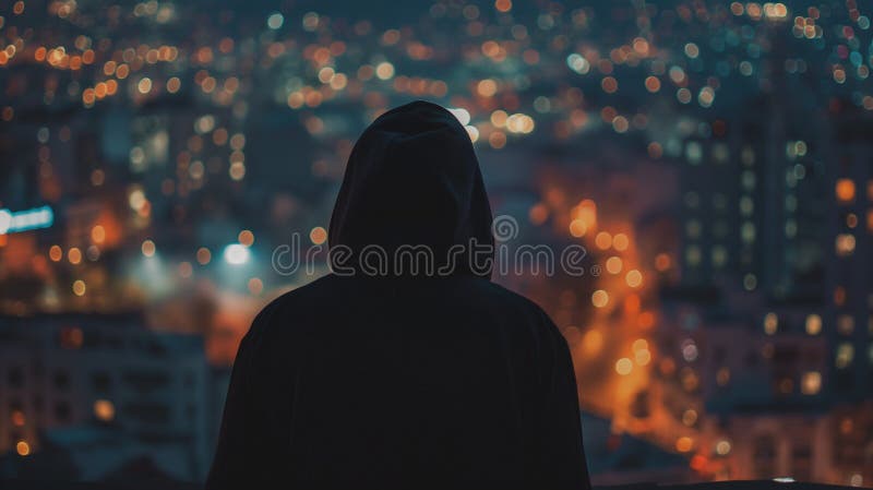back view of hacker in sport suit standing on roof top above night megapolis city, anonymous faceless man in a hood. AI generated. back view of hacker in sport suit standing on roof top above night megapolis city, anonymous faceless man in a hood. AI generated