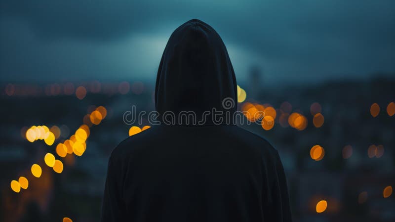 back view of hacker in sport suit standing on roof top above night megapolis city, anonymous faceless man in a hood. AI generated. back view of hacker in sport suit standing on roof top above night megapolis city, anonymous faceless man in a hood. AI generated