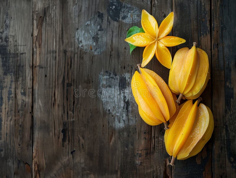 a visually appealing banner showcasing the exotic allure of carambola against a rustic wooden backdrop. Capture the vibrant colors and unique shape of the fruit for a compelling and marketable image. a visually appealing banner showcasing the exotic allure of carambola against a rustic wooden backdrop. Capture the vibrant colors and unique shape of the fruit for a compelling and marketable image