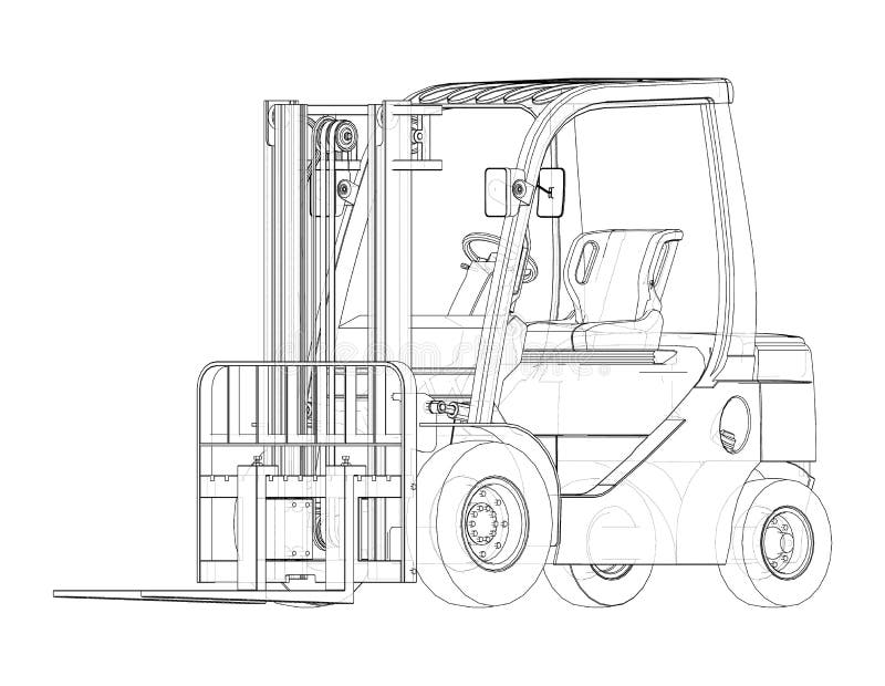 Forklift Vector rendering of 3d. Wire-frame style. The layers of visible and invisible lines are separated. Orthography. Forklift Vector rendering of 3d. Wire-frame style. The layers of visible and invisible lines are separated. Orthography