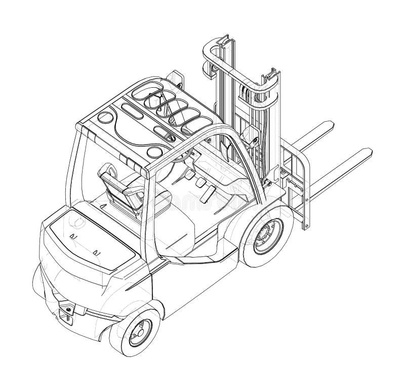 Forklift Vector rendering of 3d. Wire-frame style. The layers of visible and invisible lines are separated. Orthography. Forklift Vector rendering of 3d. Wire-frame style. The layers of visible and invisible lines are separated. Orthography