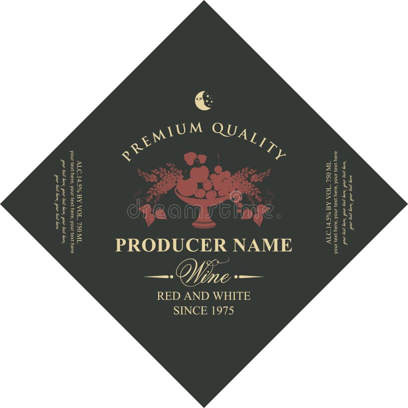 Vector diamond shaped label for red and white wine with a bowl of fruit, berries and lilac on the black background in retro style. Vector diamond shaped label for red and white wine with a bowl of fruit, berries and lilac on the black background in retro style