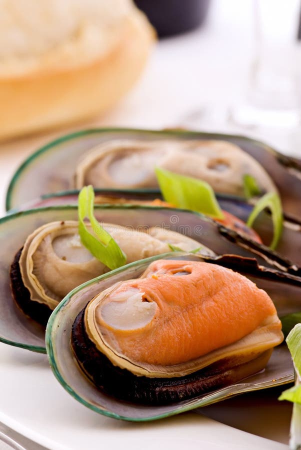 Mussels in white wine as closeup on a white dish. Mussels in white wine as closeup on a white dish