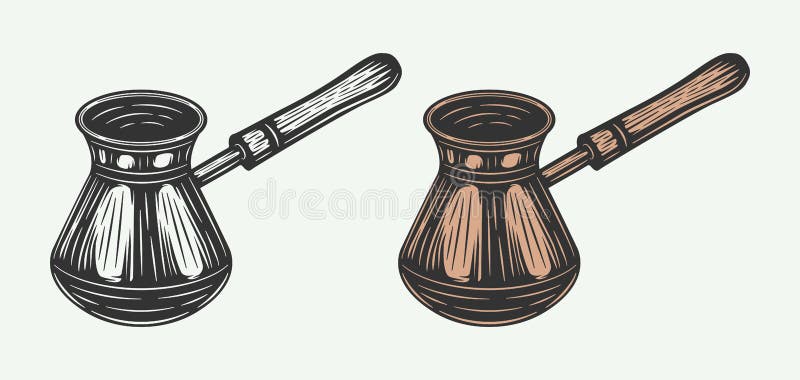 Винтаж ретро туркиш кофейный кофейник цезв в стиле Вудс Может использоваться для логотипа, эмблемы или эмблемы иллюстрация вектора